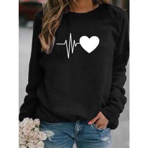 여성용 하트 모양 ECG 프린트 라운드 넥 캐주얼 후드 스웻셔츠, 미적인 맨투맨 스트리트웨어, 여성 하라주쿠