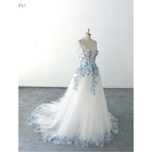 교토 라이트 블루 꽃 자수 웨딩 드레스 민소매 스퀘어 넥 vestidos de novia 맞춤형 a 라인 Fairy robe de mariée