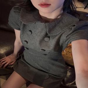 봄 신상 한국 스타일 여성 원피스 더블 브레스티드 인형 칼라 체크 무늬 울 반팔 A라인 스커트 원피스