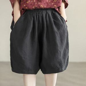 슬리밍 하이 웨이스트 와이드 레그 코튼 린넨 블렌드 여성 5부 바지 얇은 모델 통근 스타일 캐주얼 바지