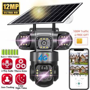 Sim 카드가 장착된 태양광 4G 카메라 12MP 6K 3개의 렌즈 3개의 스크린 모니터 야간 투시경 보안 보호 PTZ 비디오 감시
