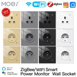 Moes ZigBee 벽 소켓 와이파이 스마트 유리 패널 콘센트 전원 모니터, 투야 무선 제어 타이머, 알렉사 구글 홈 음성, 영국 EU FR