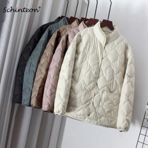 Schinteon 여성용 라이트 울트라 화이트 덕 다운 재킷, 캐쥬얼 아웃웨어, 아가일 스탠드 칼라, 심플한 코트, 한국 스타일, 가을 겨울