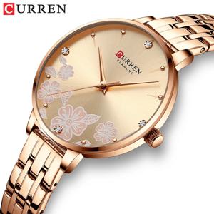 CURREN 여성용 쿼츠 손목시계, 심플한 스테인레스 스틸 시계 팔찌, 꽃 디자인 다이얼, 패션