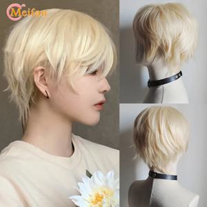 MEIFAN 합성 짧은 코스프레 로리타 애니메이션 남성 가발 남성 스트레이트 헤어 고온 섬유 핑크 블루 금발 옹 브르 블랙 가발