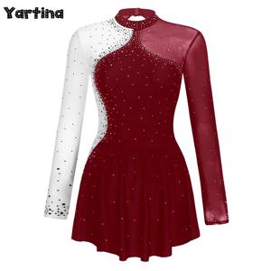Womens Sparkly Rhinestone 체조 예술적 피겨 스케이팅 발레 서정적 댄스 스타킹 드레스 쉬어 메쉬 댄스 스커트 드레스