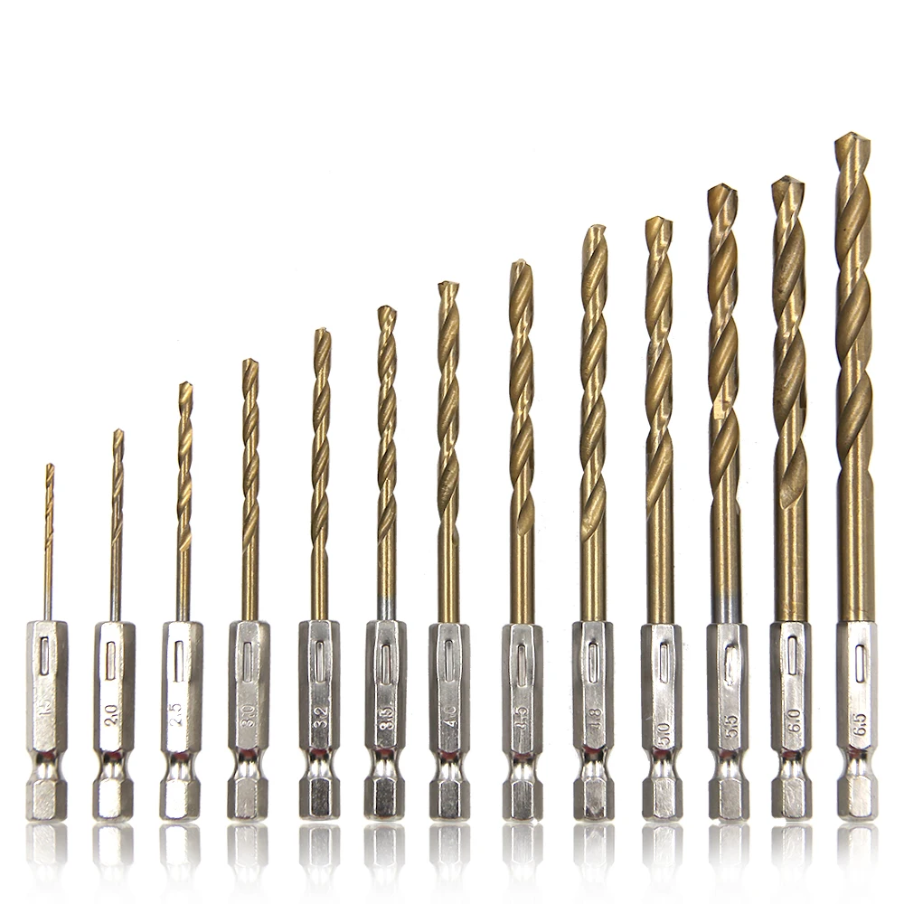 육각 핸들 13pc 티타늄 도금 트위스트 드릴 1.5-6.5mm 전기 드릴 드라이버 드릴링 공기 스크루 드라이버 도구 액세서리 세트