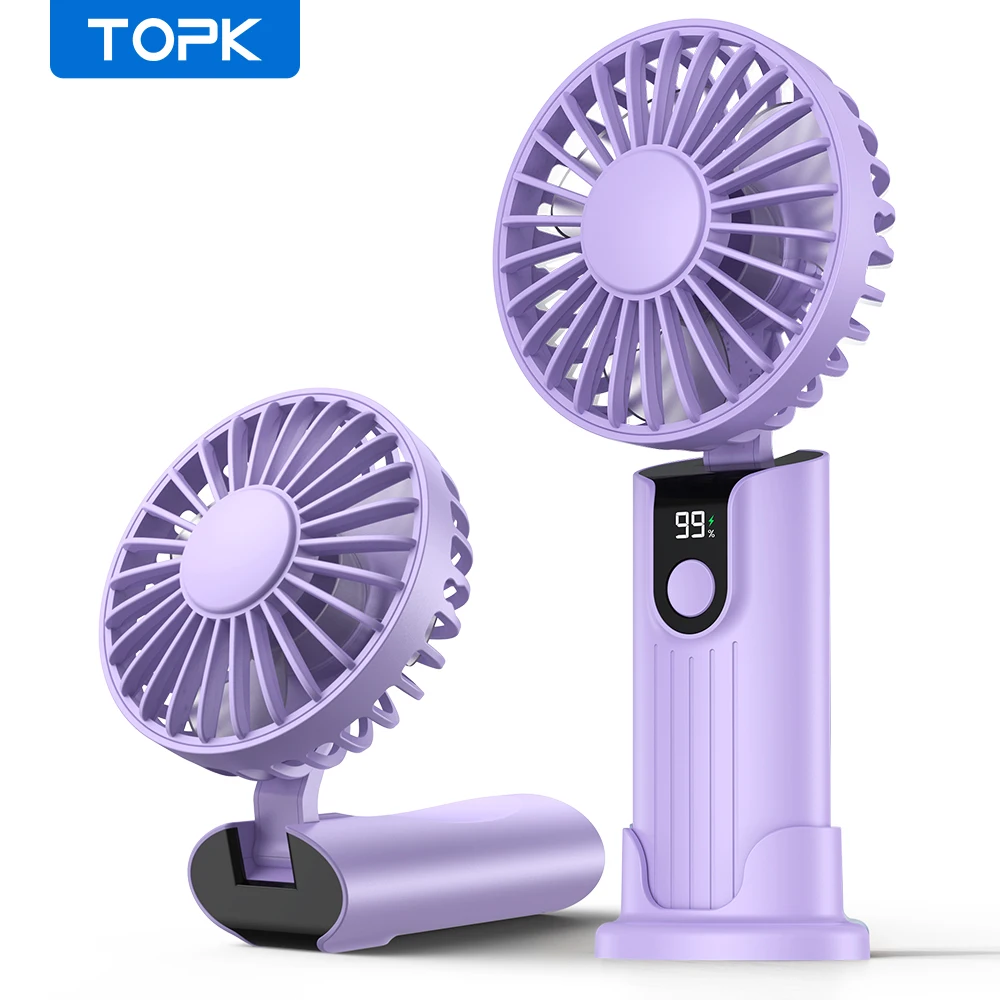 TOPK K38 휴대용 휴대용 팬, 5000mAh 3 in 1 다기능 개인 여행용 목 팬(디지털 디스플레이 포함),90 °   접이식 책상 팬