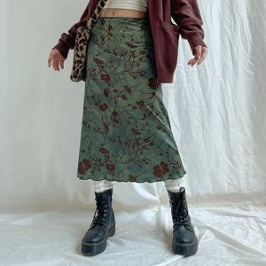 Rockmore 녹색 꽃 프린트 미디 스커트 Fairycore Grunge Y2K 미학 빈티지 로우 허리 여성 하라주쿠 복장 의류