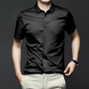 5XL 남성 드레스 셔츠 반팔 기본 패션 솔리드 아이스 실크 비 철 주름 여름 럭셔리 비즈니스 소프트 캐주얼 블랙 블라우스