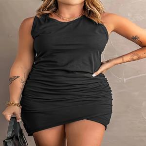 플러스 사이즈 0XL-4XL 민소매 드레스 사이드 허리 플리츠 엉덩이 미니 우아한 섹시한 비즈니스 사무복 탄력 있고 편안한