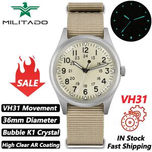 Militado ML07 빈티지 쿼츠 시계 VH31 무브먼트 손목 시계 버블 크리스탈, 높은 투명 AR 코팅 빛나는 36mm 시계