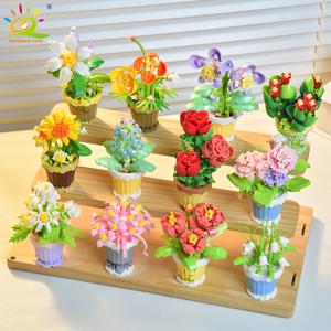 HUIQIBAO MOC 영원한 꽃다발 마이크로 빌딩 블록, 꽃 모델, DIY 가정 책상 식물 장식, 어린이 조립 벽돌 장난감