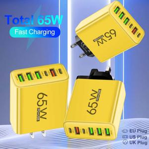 총 65W 6 in 1 4 USB 2 유형 C iPhone Xiaomi Samsung Huawei 휴대 전화 어댑터 용 빠른 충전 고속 벽 충전기
