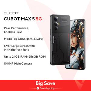 CUBOT MAX 5 안드로이드 스마트폰 5G, 디멘시티 8200, 6.95 인치 144Hz 대형 화면, 24 + 256GB, 게임용 휴대폰, 장바구니에 담기