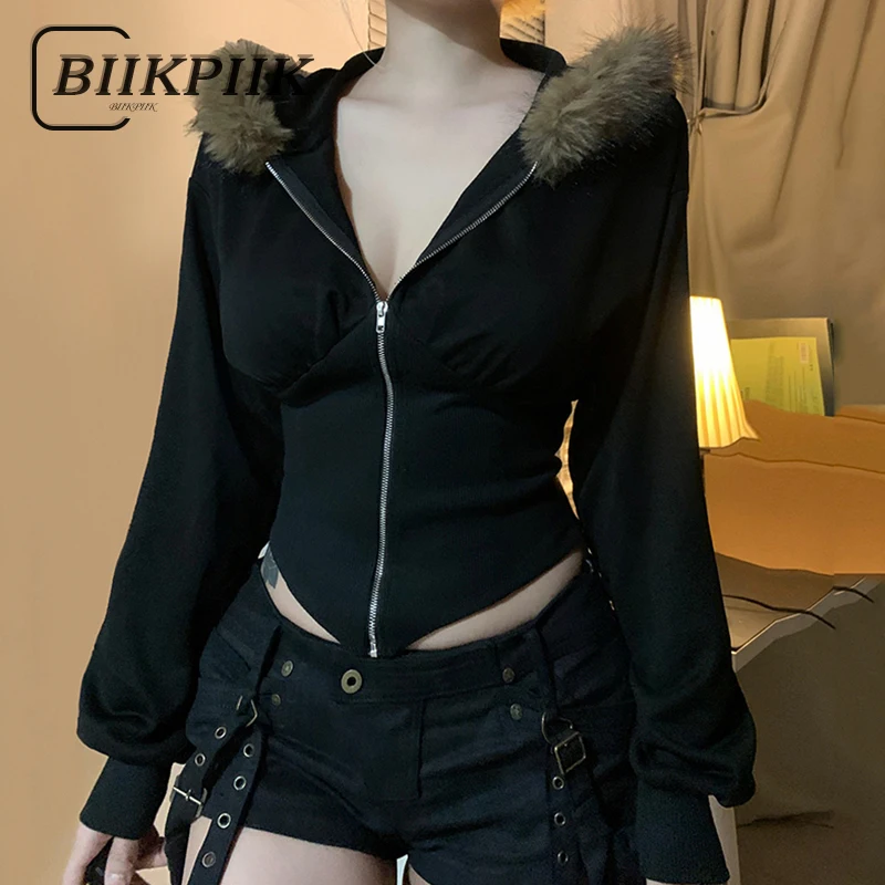 BIIKPIIK 모피 칼라 후드 여성 코트, 캐주얼 지퍼 슬림 후드, 심플한 올 매치 블랙 하라주쿠 코트, 가을 겨울 운동복