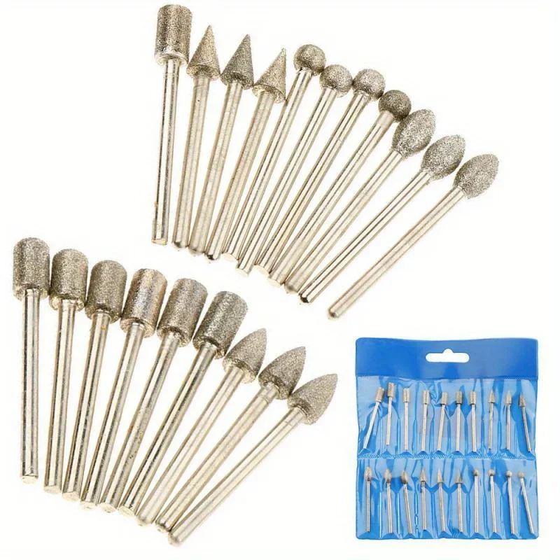 20pcs 다이아몬드 그라인딩 헤드 로타리 드릴 도구 용 미니 비트 Burrs 그라인딩 액세서리 3mm 생크 도구 키트 연마 도구