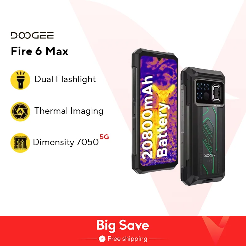 월드 프리미어 DOOGEE Fire 6 Max 5G 견고한 전화기 크기 7050 열화상 6.72인치 듀얼 손전등 20800mAh 배터리 핸드폰