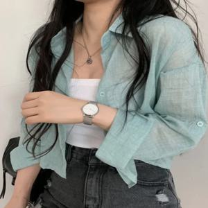 우아한 얇은 카디건 커버 업 셔츠 여성 여름 패션 빈티지 품질 긴 소매 비즈니스 캐주얼 순수한 색상 짧은 길이