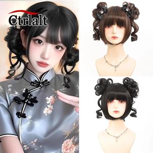 브라운 블랙 트윈 포니 테일 Hairbun 짧은 머리 합성 가발 여성용 앞머리 내열성 코스프레 로리타 헤어 애니메이션 가발