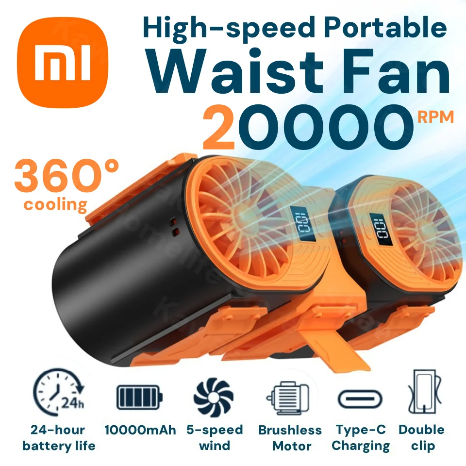 Xiaomi 충전식 허리 목 팬 20000RPM 10000mAh 24H 런타임 5 속도 듀얼 모터 벨트 클립 야외 사무실 여행 냉각