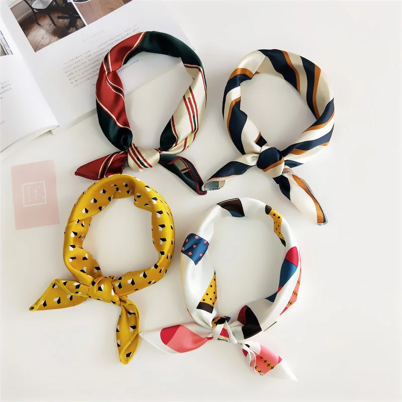 여성 스트라이프 스퀘어 스카프 모방 실크 스카프 레오파드 스튜어디스 안주인 숙녀 사무실 Neckerchief Foulard Bandana 50*50cm