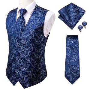 하이-넥타이 20 색 실크 남성 조끼 넥타이 비즈니스 정장 드레스 슬림 민소매 자켓 4PC Hanky ​​Cufflink Blue Paisley Suit Waistcoat