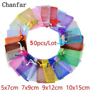 50pcs 24 색상 보석 가방 5*7 7*9 9*12 10*15cm 결혼 선물 Organza 가방 보석 포장 디스플레이 및 보석 파우치