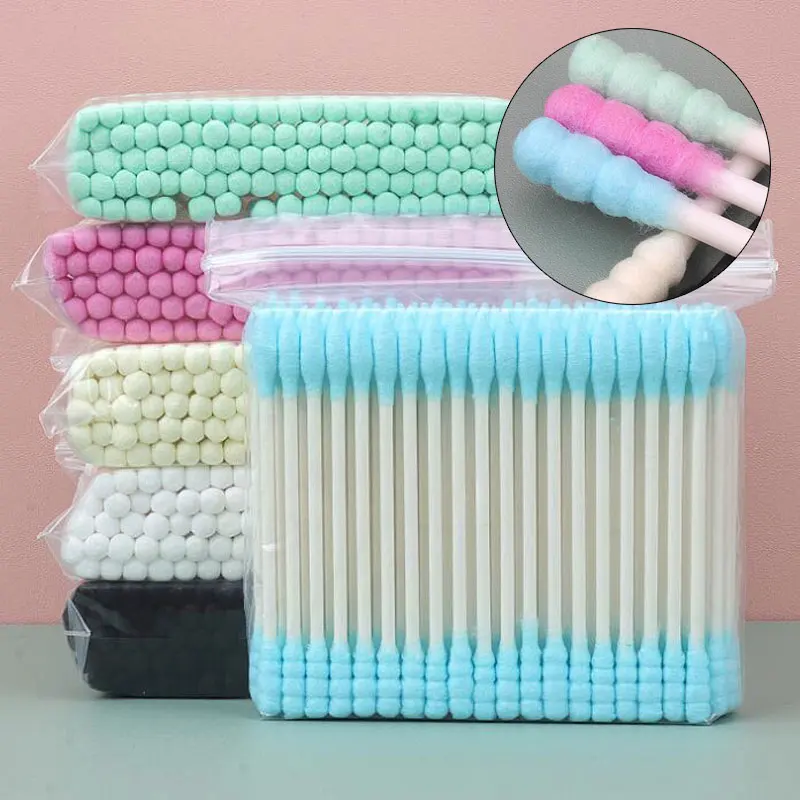 100pcs 더블 헤드 목화 면봉 나무 스틱 일회용 버드 코튼 뷰티 메이크업 코 귀 청소 건강 관리 도구