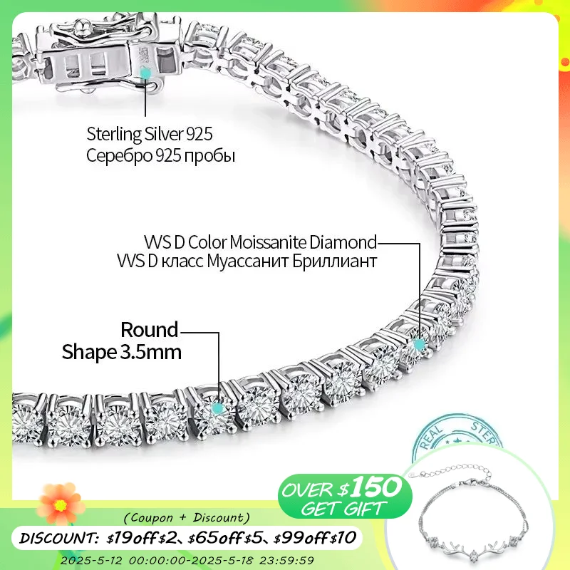 ATTAGEMS 여성용 테니스 팔찌, 다이아몬드 테스터 통과, 4.0mm 5.0mm D 컬러, GRC 라운드 컷 화이트 골드 도금 925 실버 모이사나이트