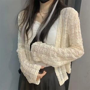 여름 얇은 카디건 여성 v 넥 꽃 속이 빈 레이스 달콤한 여성 탑 긴 소매 캐주얼 카디건 선 스크린 의류 여성