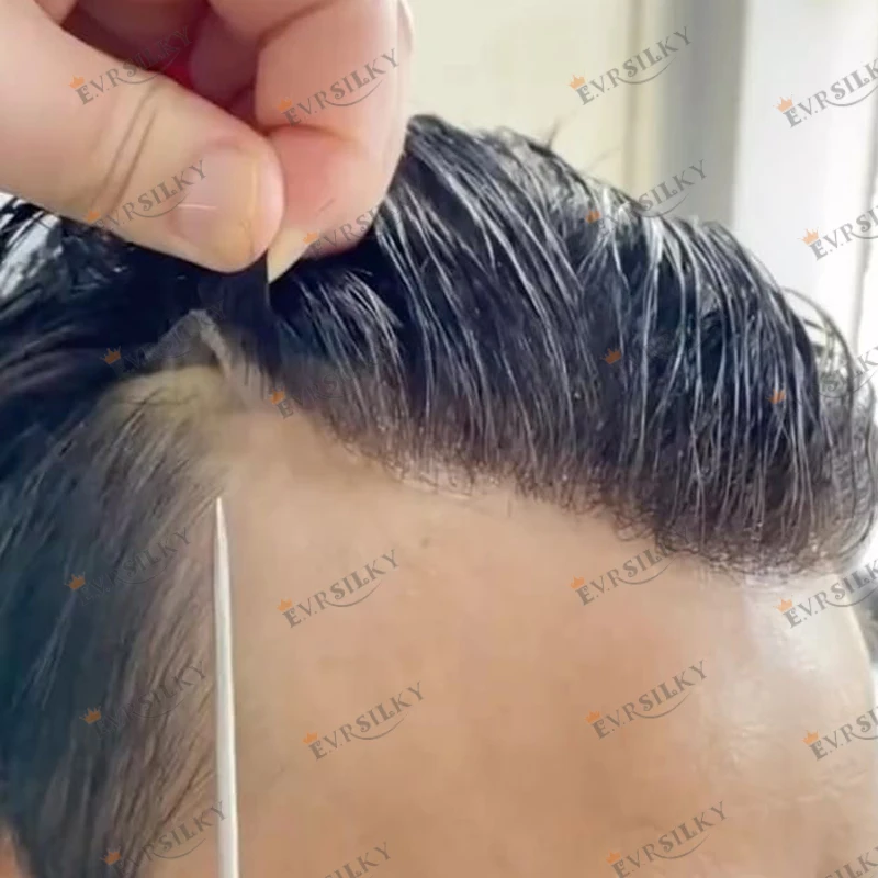 1B40 1B65 회색 인간의 머리카락 남자 Toupee Undetecatble 0.1mm Pu 기본 남자 가발 교체 자연 헤어 라인 헤어 보철 모세관