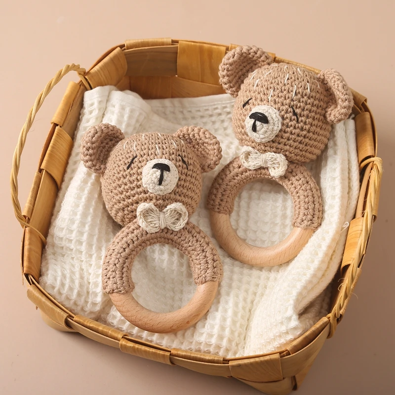 아기 딸랑이 곰 크로 셰 뜨개질 동물 만화 음악 딸랑이 장난감 아기 Kawaii Teether 딸랑이 아기 장난감 0 12 개월 몬테소리 장난감