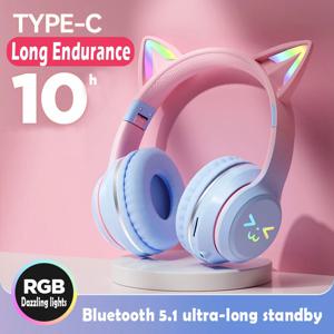 고양이 귀 헤드셋 RGB 라이트 스마일 페이스 TWS 헤드셋 그라디언트 새로운 헤드폰 핑크 어린 소녀 이어폰 선물 모든 전화에 적합