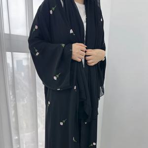 2024 새로운 블랙 수 놓은 기모노 카디건 Abaya 두바이 럭셔리 이슬람 Kaftan Abayas 여성용 터키 이슬람 의류 복장