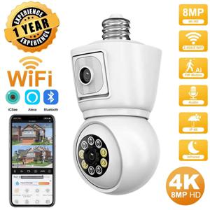 ICSEE 4K 8MP E27 전구 WiFi 카메라 듀얼 렌즈 듀얼 스크린 자동 추적 양방향 오디오 컬러 야간 투시경 야외 보안 카메라