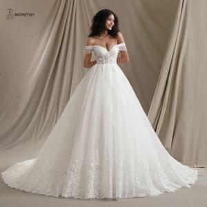 BEPEITHY 여성을위한 맞춤형 레이스 웨딩 드레스 신부 반팔 2024 반짝이 빈티지 신부 공 가운 Vestidos Novias