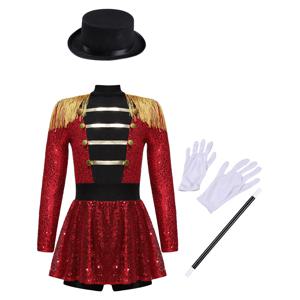 여자 서커스 공연 의상 할로윈 Ringmaster 점프 슈트 반짝 이는 스팽글 레오타드 복장 복장 마술사 복장