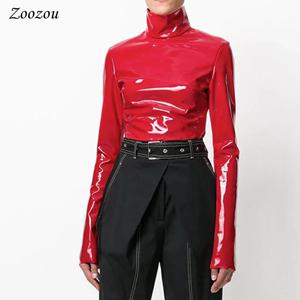 여성용 인조 가죽 터틀넥 상의, 긴팔 셔츠 지퍼, PVC 풀오버, 블랙 레드 PU 가죽 의류, 스트리트웨어