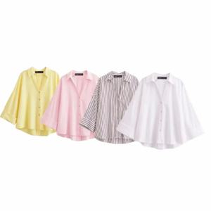 HipSeam 루즈 셔츠 여성 봄 비대칭 밑단 버튼 와이드 슬리브 여성 셔츠 Simple Lady Johnny Collar Shirts & Blouses