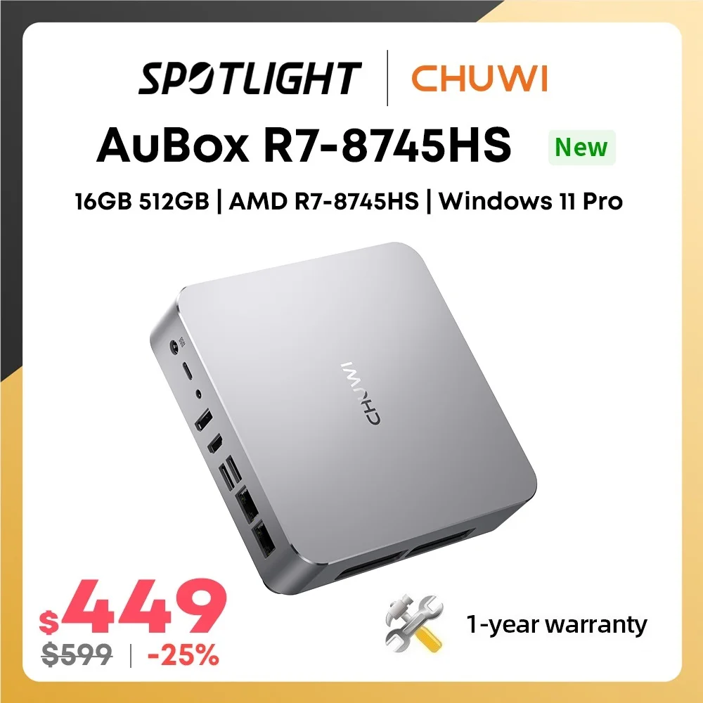 CHUWI AuBox 미니 PC AMD Ryzen 7 8745HS 16GB DDR5 512GB SSD Windows 11 Pro 4K 디스플레이 AI-Link WiFi 6 BT 5.1 확장 M.2 1T*2