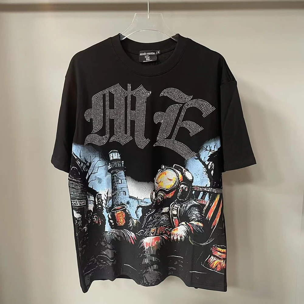새로운 여름 편지 라인 석 짧은 소매 블랙 남성 티셔츠 streetwear 코튼 느슨한 라운드 넥 탑 티셔츠 대형 남여 티셔츠
