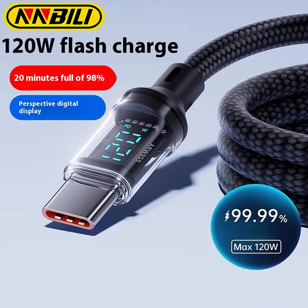 NNBILI 120W USB to Type C 케이블, HUAWEI, Oppo, Vivo, Samsung용 LED 디스플레이 USB C 데이터 케이블 포함 초고속 충전 케이블
