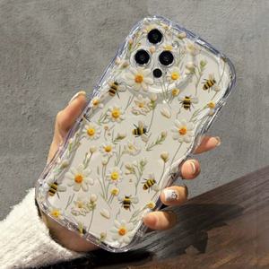 귀여운 꿀벌과 꽃 무늬 투명 폰 케이스 (아이폰 16, 14, 13, 11, 12, 15 Pro Max, XS, XR, X, 16e, 7, 8 Plus, SE 2022 호환) 충격 방지 소프트 TPU 커버