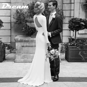 DREAM 맞춤형 크레페 심플 시스 웨딩 드레스, 2025 긴 소매 우아한 신부 원피스 오픈 백 신부 바닥 길이 가운