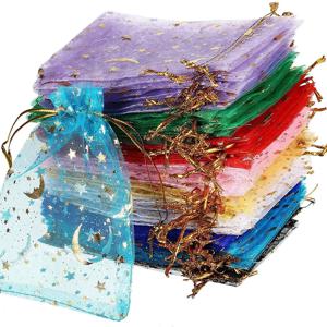 50 개/몫 7x9 9x12 11x16 13x18cm 인쇄 스타 문 크리스마스 Organza 자루 Drawstring 매력 포장 가방 일일 보석