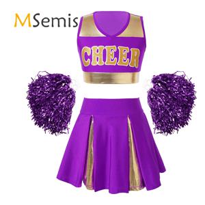 키즈 소녀 치어 리더 유니폼 치어리딩 현대 무용 의상 편지 인쇄 크롭 탑과 Pleated 스커트와 2Pcs 꽃 공