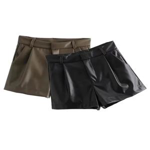 TRZA-사이드 포켓이 있는 여성용 인조 가죽 반바지, 하이 웨이스트, 지퍼 플라이, 여성 짧은 바지, 세련된 패션