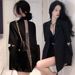 여성용 백 할로우 아웃 체인 블레이저, 원 버튼 블랙 긴팔 정장 재킷, 여성 캐주얼 블레이저, 가을 2023 패션, 신상