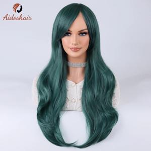 Aideshair 짙은 녹색 중간 섹션 대각선 앞머리 긴 곱슬 가발 여성용 내열성 섬유 합성 가발 일일 코스프레 파티